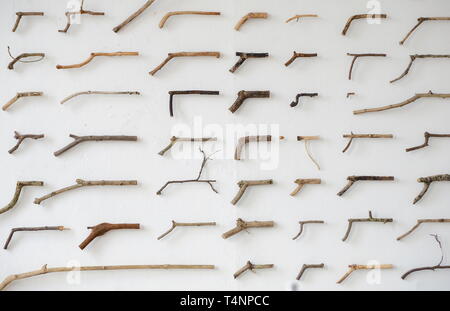 Holzstäbe in der Form von Gewehren auf einem an der Wand hängenden in Amsterdam. Stockfoto