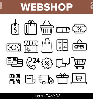 Webshop, Online Shopping Linear Vector Icons einstellen Stock Vektor