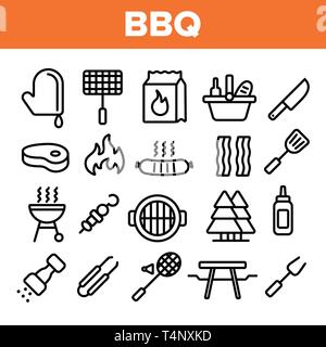 BBQ-Anlagen, Werkzeuge Linear Vector Icons einstellen Stock Vektor