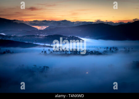 Schöne Bilder von der leuchtenden Morgenröte mit reflektierenden Sonnenstrahlen durch die phantasievoll Wolken über die Pinienwälder, die eine beeindruckende breathtaki erstellt Stockfoto