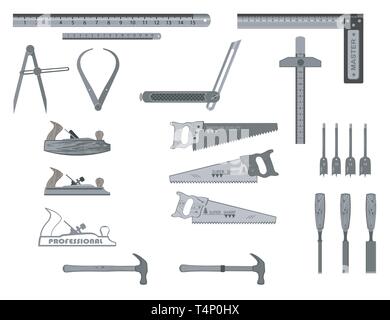 Tools für das Arbeiten mit Holz hat ein Flugzeug, Säge, Meißel, Lineal, Square, Bohrer, Nagel. Stock Vektor