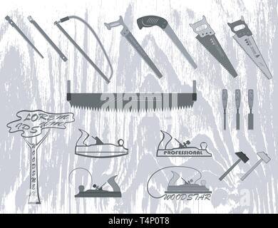 Tools für das Arbeiten mit Holz hat ein Flugzeug, Säge, Hammer, Meißel und Protokolle. Stock Vektor