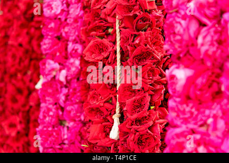 Horizontale Ansicht von blumengirlanden Rosen an Mattuthavani Blumenmarkt in Madurai, Indien. Stockfoto