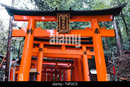 Orange Gates und Objekte an Fushimi Inari-Taisha Schrein in Kyoto, Japan Stockfoto