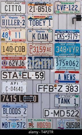 Amerikanische und Deutsche Nummernschilder an einer Wand, Key West, Florida, USA Stockfoto