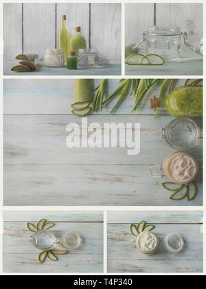 Collage von hausgemachten Aloe Vera Wellness mit natürlichen Zutaten, Gesicht Creme, Seife, Badesalz und Gesichtswasser Stockfoto