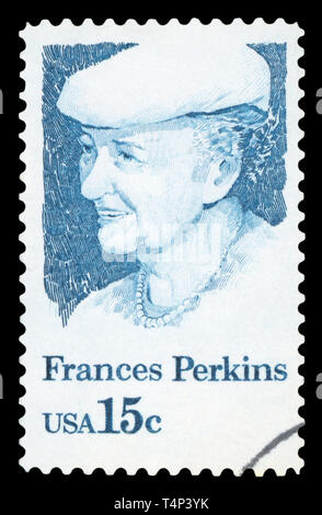 Vereinigte STAATEN VON AMERIKA - ca. 1980: einen Stempel in den USA gedruckten zeigt Frances Perkins, 1. Frau Kabinettsmitglied, US-Arbeitsmarkt, circa 1980. Stockfoto