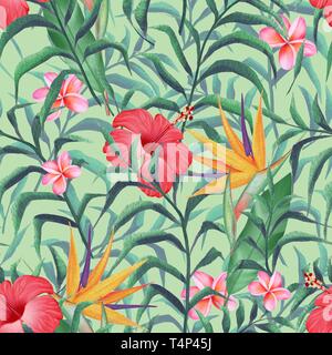 Tropische Pflanzen. Blüten und Blätter. Nahtlose Blumenmuster wimn Aquarell Stil Stockfoto
