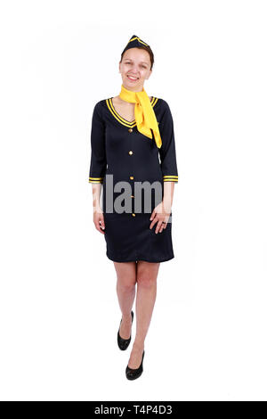 Stewardesse - charmant und lächelnden Stewardess tragen in der blauen Uniform. Auf weissem Hintergrund Stockfoto