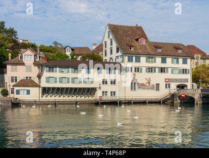 Zürich, Schweiz - 1 August 2018: Gebäude des historischen Teils der Stadt Zürich entlang der Limmat, Schwäne auf dem Fluss. Zürich ist der l Stockfoto