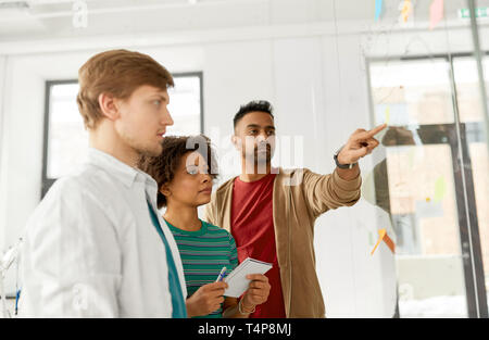 Unternehmen, Neugründung, Planung und Konzept - happy Creative Team im Büro Glas Bord suchen Stockfoto