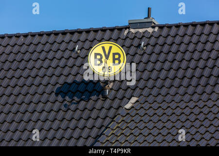 Symbolische Bild, Parabolantenne in Vereinsfarben und mit Club Wahrzeichen der Deutschen Fußball-Verein BVB 09 Borussia Dortmund auf einem Hausdach, TV Antenne, Sat-TV, Sport, Fußball, Bundesliga, Fußball-Manie, Club, Dachziegel Stockfoto