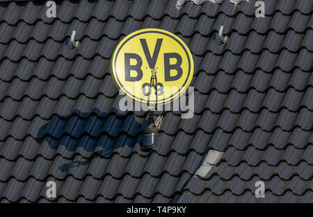 Symbolische Bild, Parabolantenne in Vereinsfarben und mit Club Wahrzeichen der Deutschen Fußball-Verein BVB 09 Borussia Dortmund auf einem Hausdach, TV Antenne, Sat-TV, Sport, Fußball, Bundesliga, Fußball-Manie, Club, Dachziegel Stockfoto