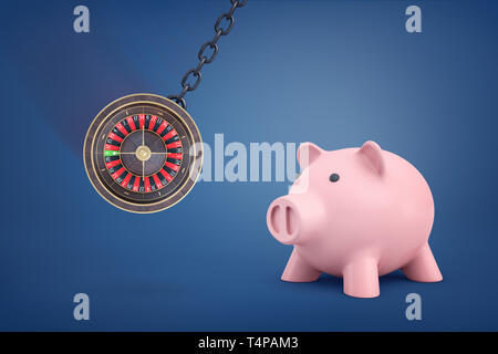 3D-Rendering für eine große Runde casino roulette Schwingen auf einem Metall Kette in der Nähe ein großes rosa Sparschwein. Stockfoto