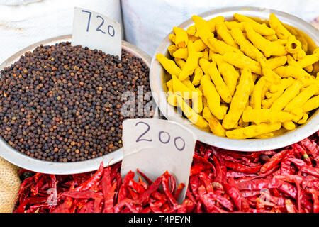 Spice Market Kaufleute und wird von einer Vielzahl von frischen Früchten, Nüssen und Gewürzen. In Alt Delhi, Indien Stockfoto