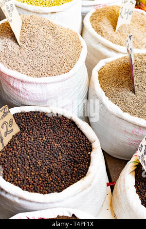 Spice Market Kaufleute und wird von einer Vielzahl von frischen Früchten, Nüssen und Gewürzen. In Alt Delhi, Indien Stockfoto