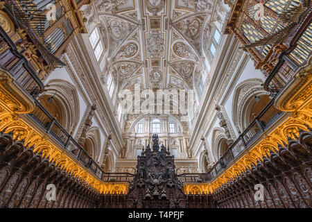 Mahagoni Chorgestühl und lunette Gewölbe der Kathedrale Santa Iglesia (Mezquita) in Cordoba. Stockfoto