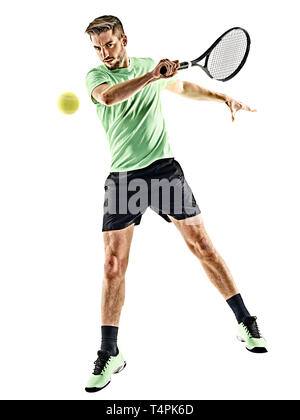 ein kaukasischer Mann spielen Tennisspieler isoliert auf weißem Hintergrund Stockfoto