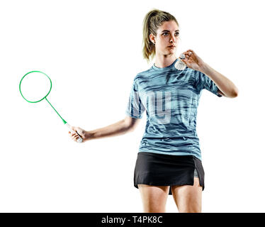 eine kaukasische junger Teenager Mädchen Frau spielt Badminton-Spieler isoliert auf weißem Hintergrund Stockfoto