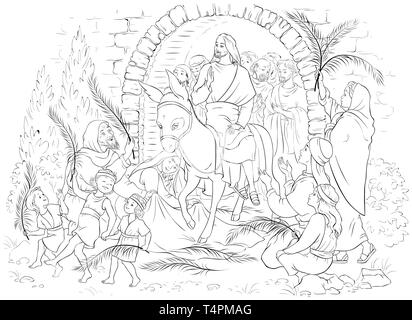 Eintrag Unseres Herrn in Jerusalem (Palmsonntag) Färbung. Jesus Christus auf einem Esel. Menschenmassen begrüßen ihn mit Palmwedel, verteilen Kleidung vor Stockfoto