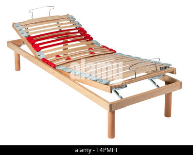 Single Holz- orthopädische net Bett mit zweifach manuelle Bewegungen oder verstellbaren Mechanismen isoliert auf weiss ohne Betten Stockfoto