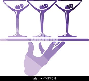 Kellner-Hand mit Tablett mit Martini-Gläser-Symbol. Flache Farbgestaltung. Vektor-Illustration. Stock Vektor