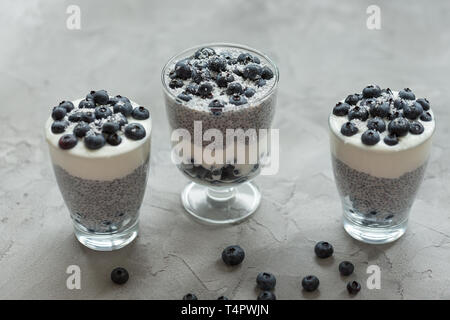 Chia Samen Milchreis mit Mandeln Milch, Joghurt und Heidelbeeren Dessert im Glas. Superfood und veganes Essen Konzept. Grauer Hintergrund. Selektive konzentrieren. Stockfoto