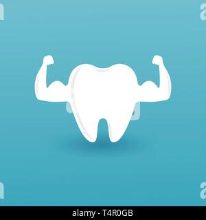 Einzelne weiße und Sehr starke Muskeln gesunder Zahn isoliert auf blauem Hintergrund. Sauber und kräftigen weißen Zähnen. Konzept Schutz, Dental, starke Stock Vektor