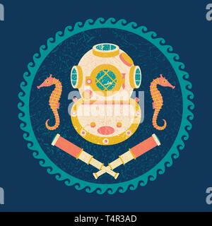 Nautische Kreis Poster. Cartoon Stil mit grunge Effekte. Vintage unterwasser Helm, Teleskop, Seesterne. Runden Rahmen von Wellen Stock Vektor