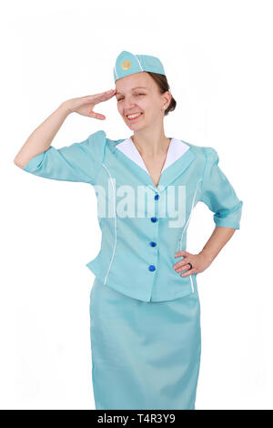 Stewardesse - charmant und lächelnden Stewardess tragen in der blauen Uniform. Auf weissem Hintergrund Stockfoto