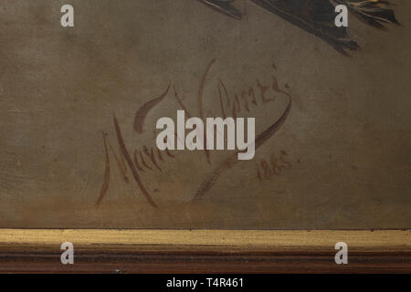 Eine Jagd-themed Stilleben Öl auf Leinwand, signiert und datiert 'Marie v. Valenzi 1885" unten rechts. Fein Raubvogel hängen mit der Oberseite nach unten auf ein Hund gemalt Rose Bush gegen eine nuancierte grauen Hintergrund. In der ursprünglichen, teilweise vergoldeten Rahmen (leicht beschädigt). Alte Aufkleber auf der Rückseite. Die Spuren des Alters. Abmessungen der Malerei 95 x 70 cm, Abmessungen der Rahmen 115 x 90 cm. historischen, geschichtlichen, Jagd, Jagd, Jagd, Utensilien, Ausrüstung, Geräte, Trophäen, Objekt, Objekte, Stills, Clipping, Clippings, ausschneiden Ausschneiden, c, Additional-Rights - Clearance-Info - Not-Available Stockfoto