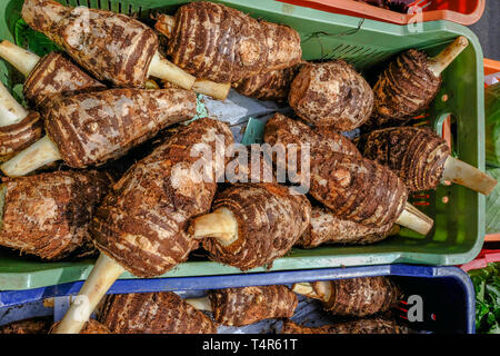 Auswahl von Wurzelgemüse, Taro am Marktstand. Stockfoto