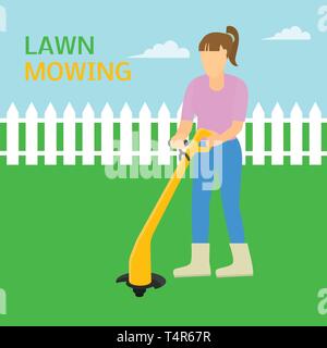 Frau Rasen mähen Trimmer Konzept Hintergrund, flacher Stil Stock Vektor