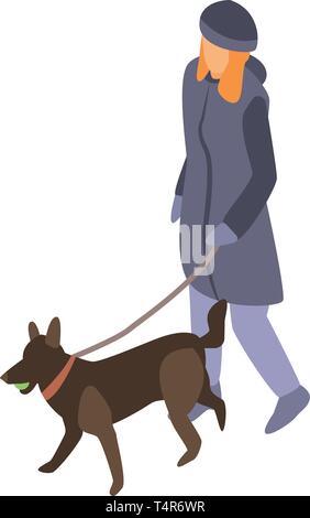 Frau Wandern mit Hund Symbol, isometrische Stil Stock Vektor