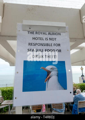 Lustige Zeichen Warnung Gönner der Möwen stehlen Essen und Trinken, Royal Albion Public House, Broadstairs, Kent, England. Stockfoto