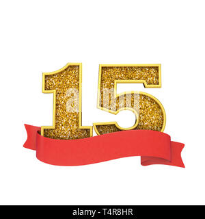 Nummer 15 gold glitzer Feier mit einem roten Blättern Banner. 3D-Rendering Stockfoto
