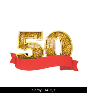 Nummer 50 gold glitzer Feier mit einem roten Blättern Banner. 3D-Rendering Stockfoto