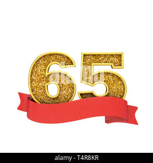 Nummer 65 gold glitzer Feier mit einem roten Blättern Banner. 3D-Rendering Stockfoto