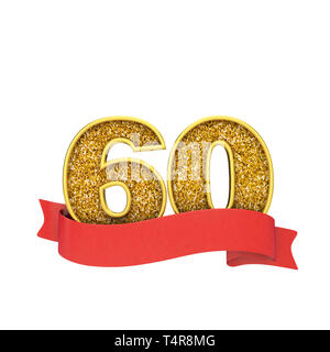 Nummer 60 gold glitzer Feier mit einem roten Blättern Banner. 3D-Rendering Stockfoto
