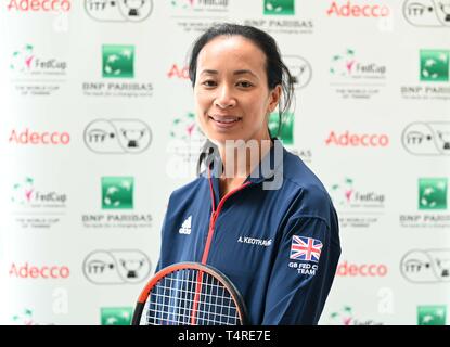 Stratford, London, UK. 18. Apr 2019. Anne Keithavong (Kapitän der Großbritannien-Team). Großbritannien Kapitäne Pressekonferenz vor der Welt gruppe II Play off in der BNP Paribas Fed Cup. Lee Valley Hockey und Tennis Center. Queen Elizabeth Olympic Park. Stratford. London. UK. 18.04.2019. Credit: Sport in Bildern/Alamy leben Nachrichten Stockfoto