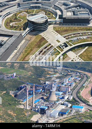 (190419) - YANGQUAN, April 19, 2019 (Xinhua) - Kombination Luftbild zeigt den Blick von Baidu's Cloud Computing Center (oben) auf die wirtschaftliche und technologische Entwicklung Zone in Yangquan, im Norden der chinesischen Provinz Shanxi, aufgenommen von Yang Chenguang am 16. April 2019, und die xinjing Coal Mine (unten, Foto) Der yangquan Coal Industry (Group) Co., Ltd. in Yangquan, Sept. 22, 2011. Yangquan wurde die Umwandlung von einer Kohle-abhängige Stadt, eine Stadt, die Anwendung der neuen Technologien von großen Daten und Informationen zu den verschiedenen Aspekten des sozialen Lebens und der sozialen Entwicklungen. Von beherbergen Baidu's Stockfoto