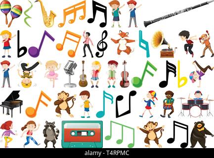 Gruppe von Kindern und Musik Hinweis Abbildung Stock Vektor