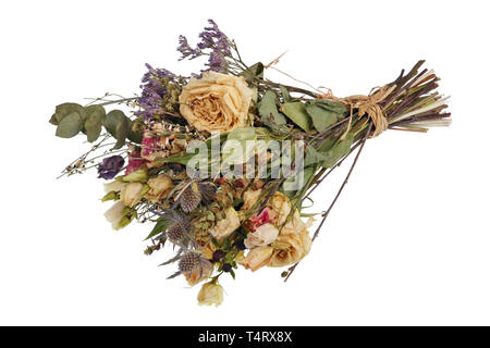 Ein getrocknet tot Blumenstrauß aus Rosen als Geschenk für eine Frau auf den sechzigsten Jahrestag. Auf weissem Studio shot Isoliert Stockfoto