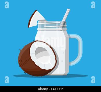 Glas mit coconut Smoothie mit gestreiften Stroh. Glas für Cocktails mit Griff. Coconut frisches Obst. Vector Illustration im flachen Stil Stock Vektor