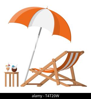 Holz- Chaiselongue. Liege, Liegestuhl, Sonnenliege, Liegestühle mit Sonnenschirm. Tabelle mit Glas Cocktail und Kokosnuss. Vector Illustration in flachen Stock Vektor