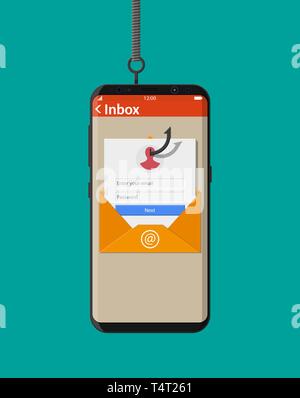 Anmeldung im-Konto in der E-Umschlag und Angeln Haken. Internet phishing, gehackt Login und Passwort im Telefon. Netzwerk und Internet Security. Anti Virus Stock Vektor
