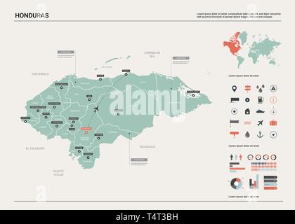 Vektorkarte von Honduras. Hoch detaillierte Landkarte mit Abteilung, Städten und der Hauptstadt Tegucigalpa. Politische Landkarte, Weltkarte, infografik Elemente. Stock Vektor
