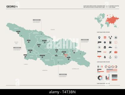 Vektorkarte von Georgia. Hoch detaillierte Landkarte mit Abteilung, Städten und der Hauptstadt Tiflis. Politische Landkarte, Weltkarte, infografik Elemente. Stock Vektor