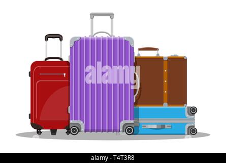 Moderne und klassische Reisetasche. Kunststoff- und Ledertasche. Katze auf Rädern. Reisegepäck und Gepäck. Vector Illustration im flachen Stil Stock Vektor