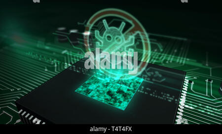 Digitale Sicherheitskonzept mit antivirus Hologramm über funktionierende cpu im Hintergrund. Digitale Schutz, Firewall, Wurm verbieten und Computer Sicherheit abstrakten 3d Stockfoto